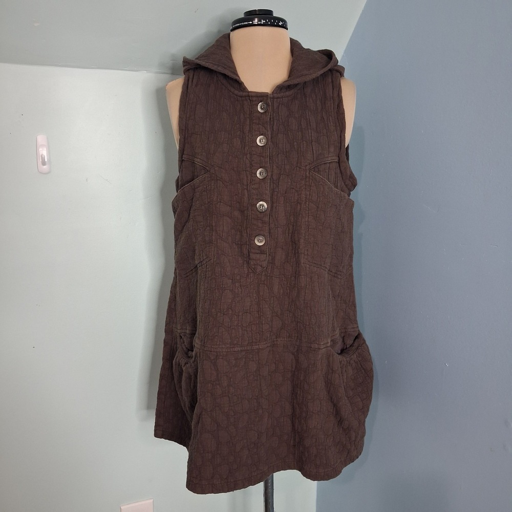 Out & Out‎ Brown Textured Bubble Gauze Hooded Sleeveless Tunic Dress Pockets